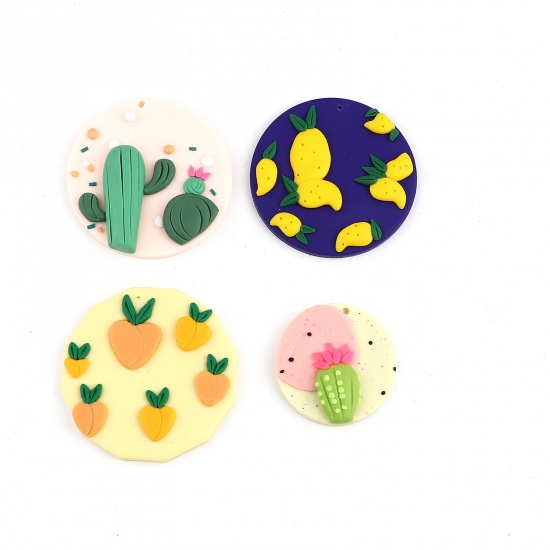 Picture of Polymer Clay Pendants Round Light Pink Cactus 34mm Dia., 2 PCs