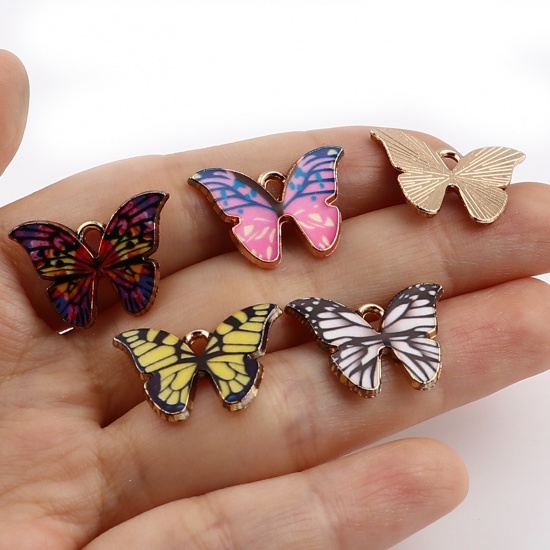 Picture of Zinc Based Alloy Insect Charms Butterfly Animal Gold Plated Black & Yellow Enamel 22mm x 15mm, 10 PCs