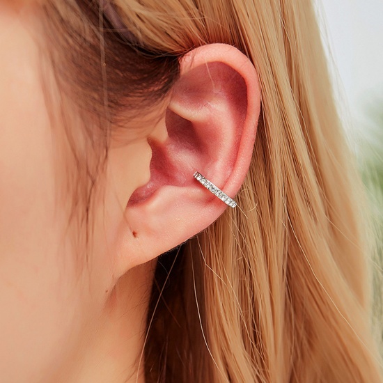 Picture of Copper Ear Clips Earrings Silver Tone U-shaped Clear Rhinestone 10mm, 1 Piece
