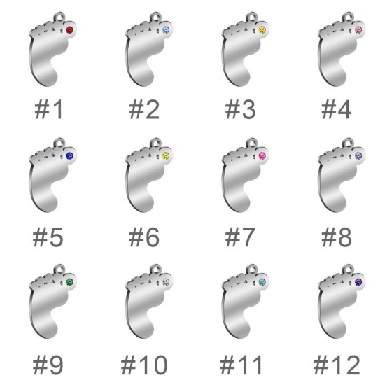 Picture of 304 Stainless Steel Birthstone Charms Feet Silver Tone 21mm x 14mm, 1 Piece