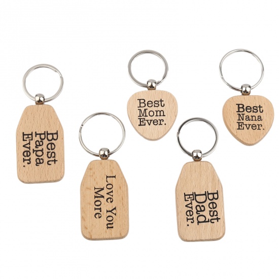 Picture of Wood Keychain & Keyring Natural Geometric Message " LOVE YOU MORE " 95mm, 1 Piece