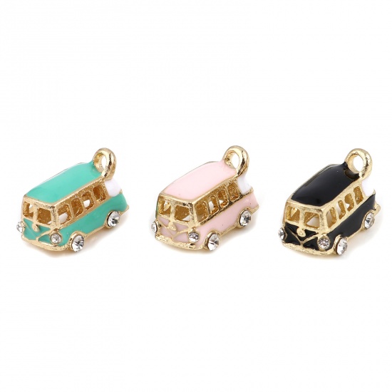Picture of Zinc Based Alloy Travel Charms Bus Gold Plated Cyan Enamel Clear Rhinestone 18mm x 13mm, 2 PCs