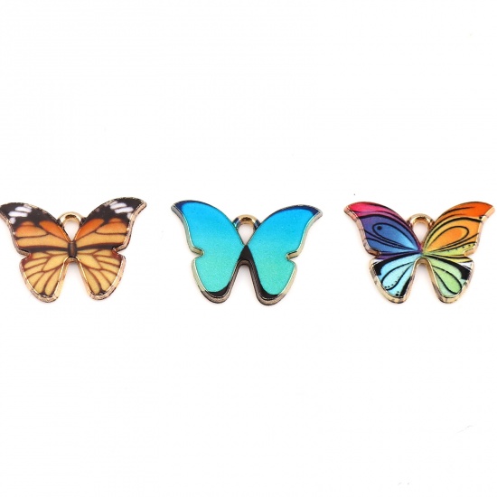 Picture of Zinc Based Alloy Insect Charms Butterfly Animal Gold Plated Green Blue Enamel 22mm x 15mm, 10 PCs