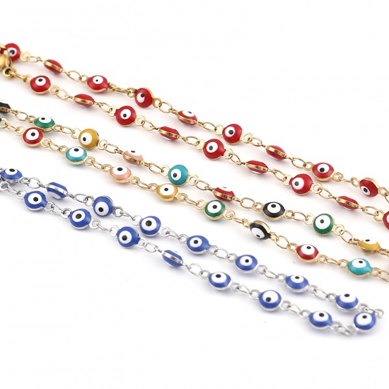 Picture of Stainless Steel Religious Anklet Gold Plated Multicolor Enamel Round Evil Eye 23cm(9") long, 1 Piece