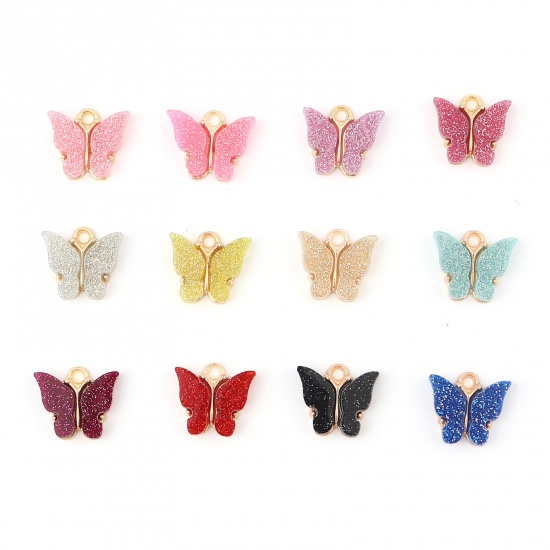 Picture of Zinc Based Alloy & Acrylic Insect Charms Butterfly Animal Gold Plated Blue Glitter 14mm x 13mm, 10 PCs