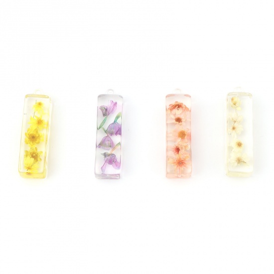 Picture of Resin Pendants Rectangle Dried Flower Yellow Transparent 40mm x 11mm, 2 PCs