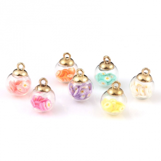 Picture of Polymer Clay & Glass Charms Round Daisy Flower Multicolor Transparent 22mm x 16mm, 10 PCs