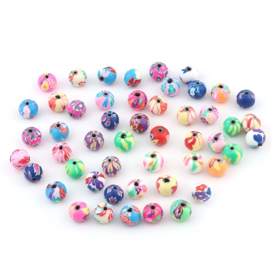 Picture of Polymer Clay Beads Round At Random Color Flower Pattern 50 PCs