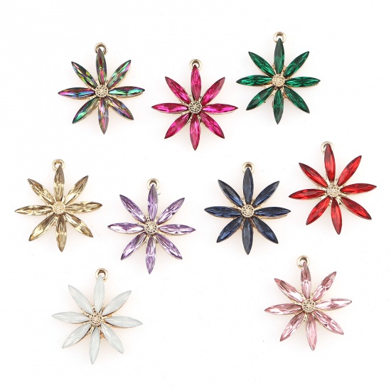 Picture of Zinc Based Alloy Charms Flower Gold Plated Purple Cubic Zirconia 28mm x 26mm, 5 PCs