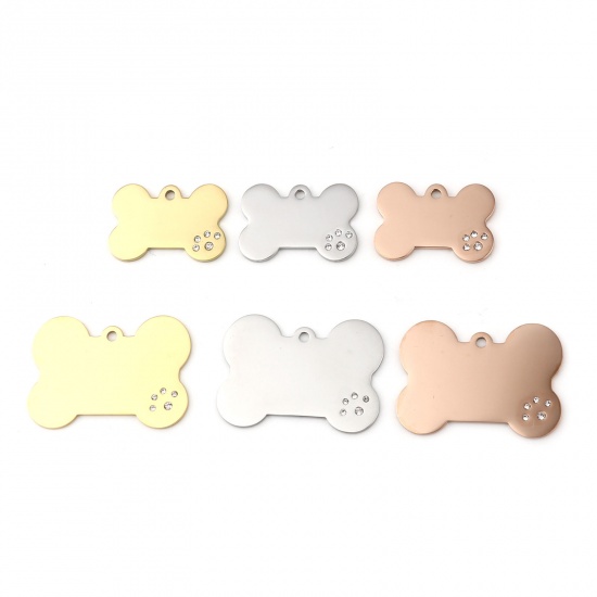 Picture of Stainless Steel Pet Memorial Pendants Bone Multicolor Blank Stamping Tags Clear Rhinestone 1 Piece