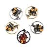 Picture of Zinc Based Alloy Halloween Charms Round Silver Tone Black & Orange Castle Enamel 24mm x 22mm, 5 PCs