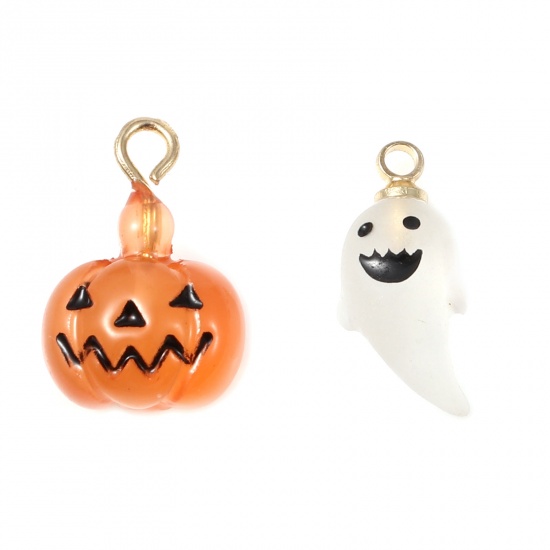 Picture of Resin Charms Halloween Pumpkin Gold Plated Black & Orange 15mm x 10mm, 2 PCs