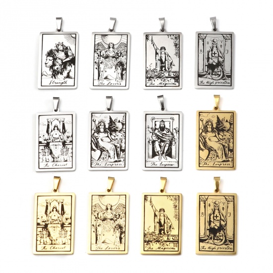 Picture of Stainless Steel Tarot Pendants With Pinch Clip Rectangle Gold Plated Message " THE FOOL " 46mm x 24mm, 1 Piece