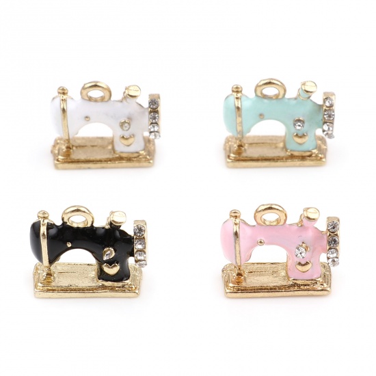 Picture of Zinc Based Alloy Charms Sewing Machine Gold Plated White Enamel White Rhinestone 16mm x 14mm, 5 PCs
