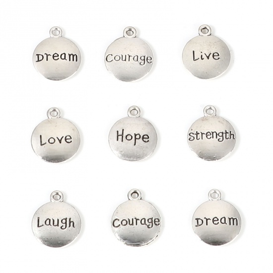 Picture of Zinc Based Alloy Positive Quotes Energy Charms Round Antique Silver Color Message " LOVE " 17mm x 14mm, 50 PCs