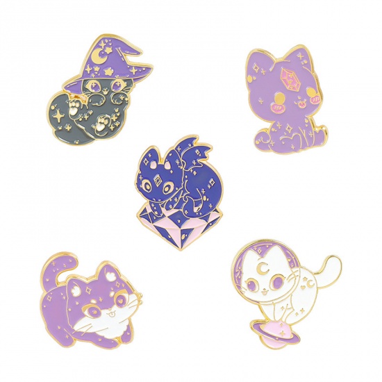 Picture of Pin Brooches Cat Animal Purple Enamel 28mm x 18mm, 1 Piece