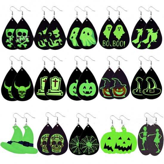 Picture of PU Leather Halloween Earrings Black & Green Oval Skeleton Skull 80mm x 30mm, 1 Pair