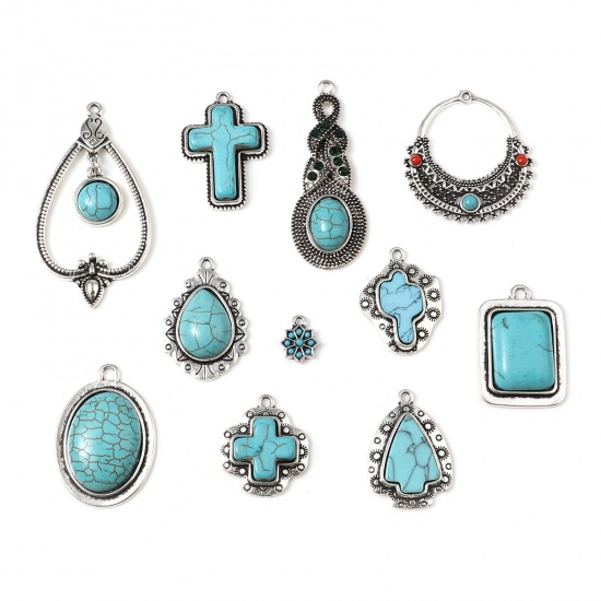 Picture of Zinc Based Alloy & Resin Boho Chic Bohemia Charms Irregular Antique Silver Color Green Blue Cactus Imitation Turquoise 28mm x 21mm, 5 PCs