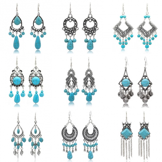 Picture of Boho Chic Bohemia Earrings Antique Silver Color Blue Irregular With Resin Cabochons 75mm x 28mm, 1 Pair