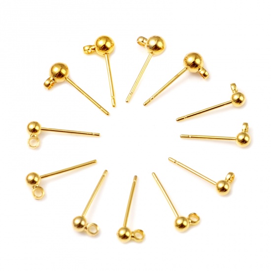 Picture of Copper Ear Post Stud Earrings 18K Real Gold Plated Ball W/ Loop 6mm x 4mm, Post/ Wire Size: (21 gauge), 10 PCs