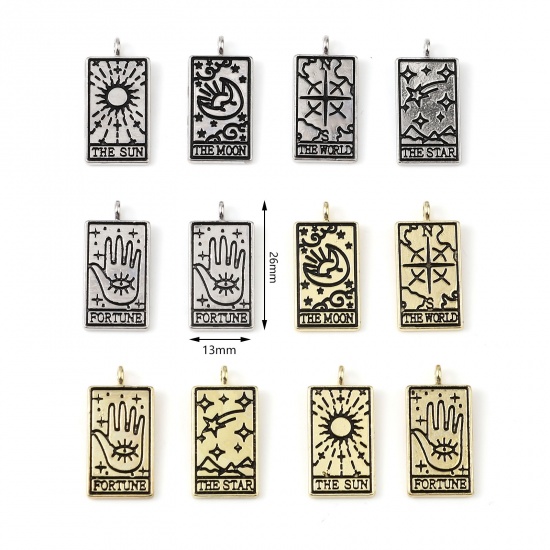 Picture of Zinc Based Alloy Tarot Charms Rectangle Gold Plated Black Hand Message " Fortune " 26mm x 13mm, 5 PCs