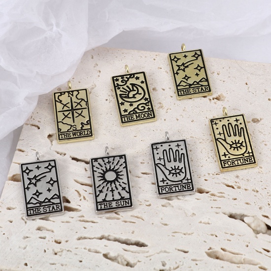 Picture of Zinc Based Alloy Tarot Charms Rectangle Gold Plated Black Hand Message " Fortune " 26mm x 13mm, 5 PCs