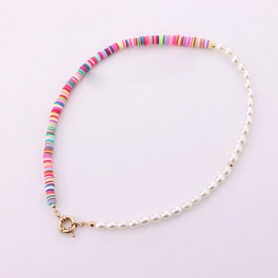 Picture of Polymer Clay & Acrylic Dainty Bracelets Delicate Bracelets Beaded Bracelet Gold Plated Multicolor Circle Ring Imitation Pearl 20cm(7 7/8") long, 1 Piece