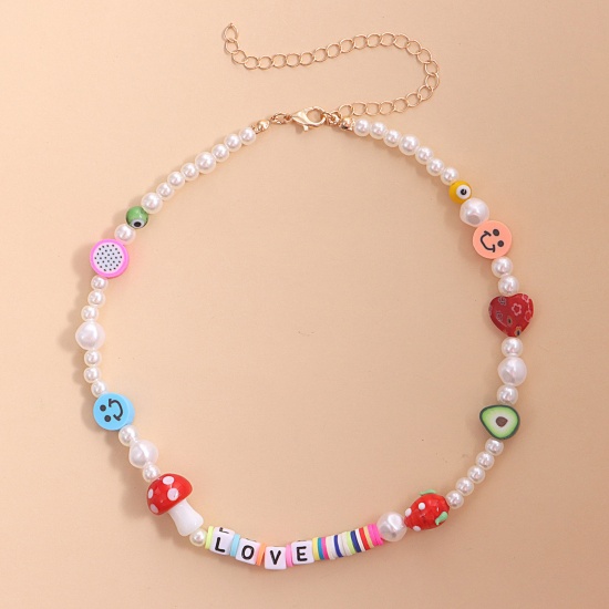 Picture of Acrylic Beaded Necklace Silver Tone Multicolor Fruit Smile Imitation Pearl 34cm(13 3/8") long, 1 Piece