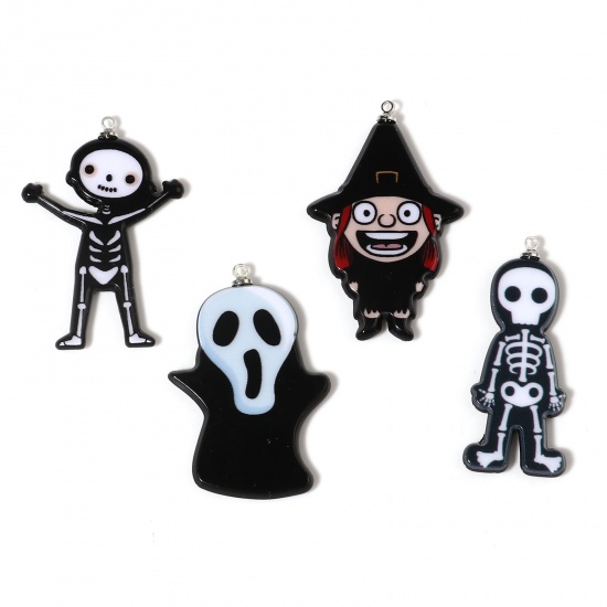 Picture of Resin Halloween Pendants Skeleton Skull Black & White 4.5cm x 3.1cm, 5 PCs