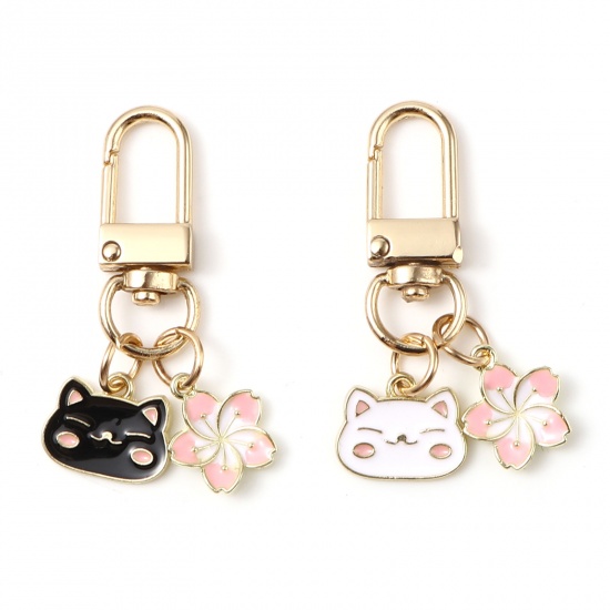 Picture of Zinc Based Alloy Keychain & Keyring Gold Plated Black & Pink Cat Animal Flower Enamel 5cm, 1 Piece