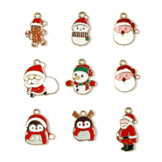 Picture of Zinc Based Alloy Charms Christmas Snowman Gold Plated Red & Green Enamel 21mm x 18mm, 10 PCs