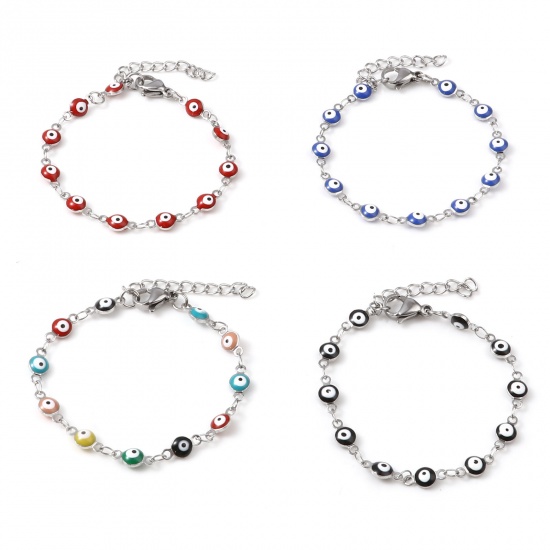 Picture of Stainless Steel Religious Bracelets For Child Silver Tone Multicolor Round Evil Eye Enamel 13.5cm(5 3/8") long, 1 Piece