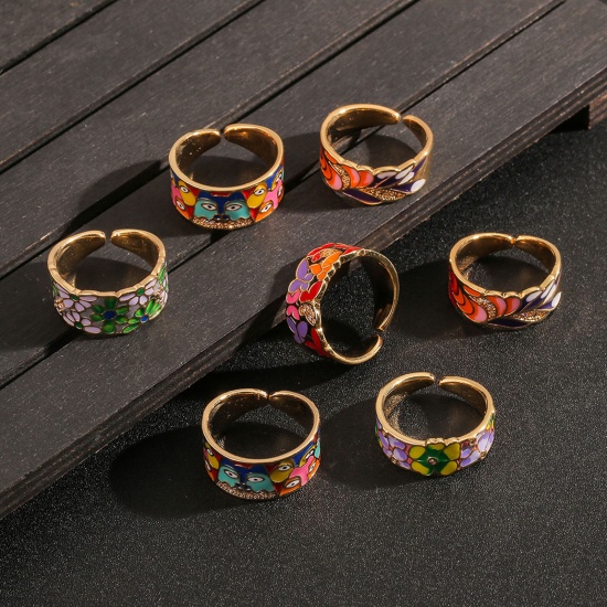 Picture of Copper Open Adjustable Rings 18K Real Gold Plated Multicolor Flower Enamel Multicolour Cubic Zirconia 16.5mm(US Size 6), 1 Piece