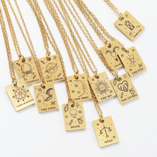 Picture of Stainless Steel Tarot Necklace Gold Plated Rectangle Message " THE WORLD " Plating 45cm(17 6/8") long, 1 Piece