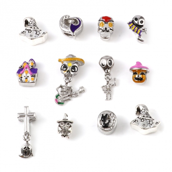 Picture of Zinc Based Alloy European Style Large Hole Charm Beads Silver Tone Halloween Witch Hat Star 16mm x 15mm, Hole: Approx 4.4mm, 5 PCs