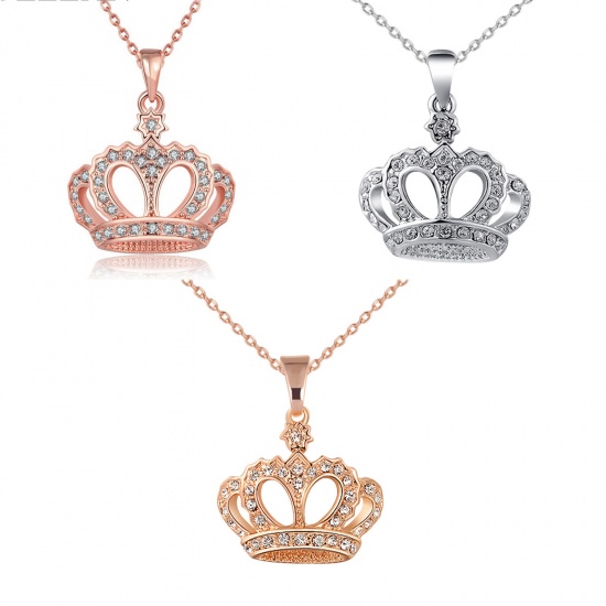 Picture of Zinc Based Alloy Necklace Rose Gold Crown Clear Rhinestone 45cm(17 6/8") long, 1 Piece