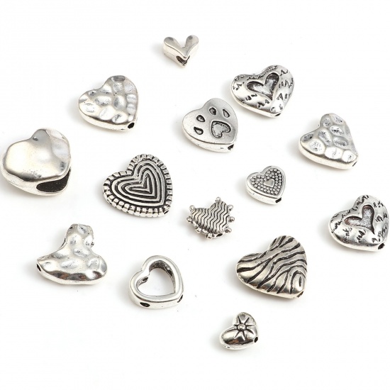 Picture of Zinc Based Alloy Valentine's Day Spacer Beads Heart Antique Silver Color About 13mm x 12mm, Hole: Approx 1.2mm, 20 PCs