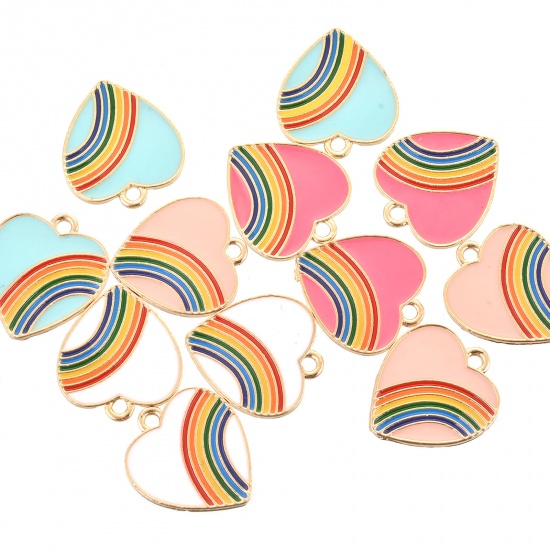 Picture of Zinc Based Alloy Charms Heart Gold Plated White Rainbow Enamel 20mm x 18mm, 10 PCs