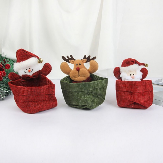 Picture of Green - Christmas Reindeer Fabric Storage Basket Creative Candy Bag 16x14cm, 1 Piece