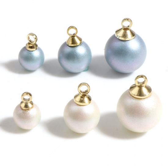 Picture of Zinc Based Alloy & Shell Imitation Pearl Charms Round Gold Plated Creamy-White Pearlized 12mm x 8mm, 2 PCs