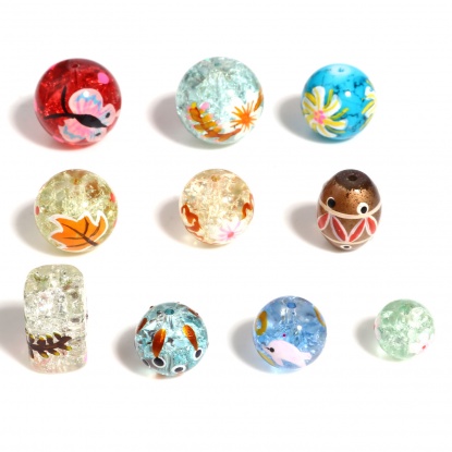 Glass Hand-painted Beads Round Light Blue & Light Pink Dolphin About 12mm Dia, Hole: Approx 1.5mm, 2 PCs の画像