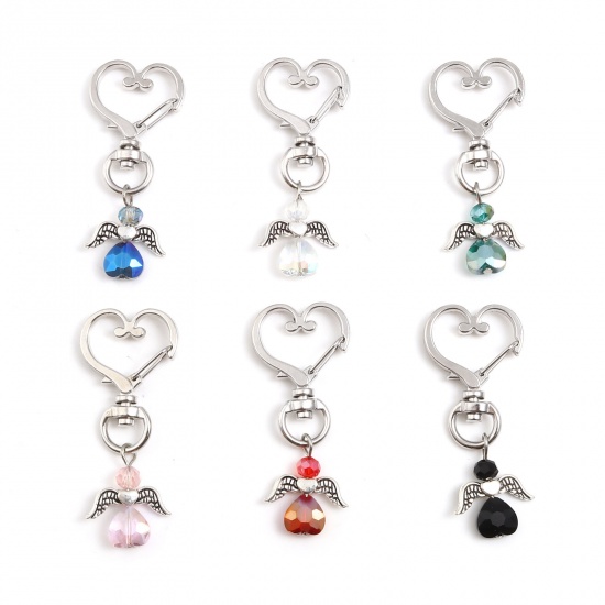 Picture of Acrylic Keychain & Keyring Antique Silver Color Blue Angel Heart 5.6cm x 2.4cm, 5 PCs