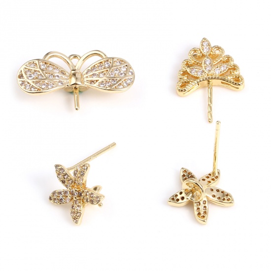 Picture of Copper Insect Pearl Pendant Connector Bail Pin Cap Gold Plated Butterfly Animal Clear Rhinestone Micro Pave 19mm x 10mm, 2 PCs