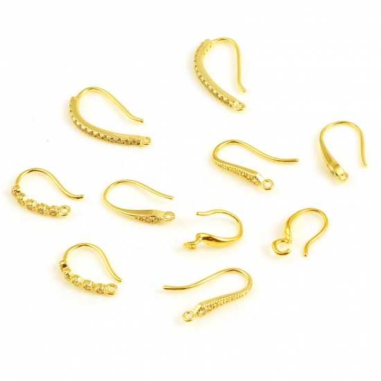Picture of Copper Ear Wire Hooks Earring 18K Real Gold Plated U-shaped W/ Loop Clear Rhinestone 2 PCs