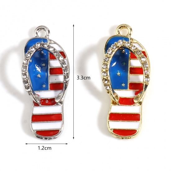 Picture of Zinc Based Alloy Sport Pendants Flip Flops Slipper Silver Tone Red & Blue Flag Of The United States Clear Rhinestone 33mm x 12mm, 5 PCs