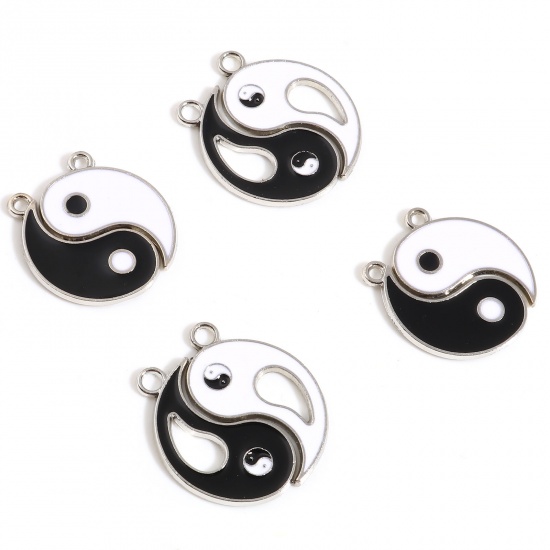 Immagine di Lega di Zinco Religione Charms Otto Diagrammi Tono Argento Nero & Bianco Ameba Smalto 22mm x 14mm , 10 Seri ( 2 Pz/Serie)