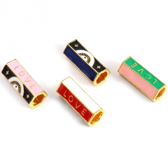 Picture of Zinc Based Alloy Religious Large Hole Charm Beads Gold Plated Multicolor Hexagonal Prism Evil Eye Message " LOVE " Enamel 20mm x 10mm, Hole: Approx 5.5mm, 1 Piece