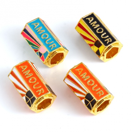 Picture of Zinc Based Alloy Religious Large Hole Charm Beads Gold Plated White & Orange Hexagonal Prism Geometric Message " Amour " Enamel 22mm x 13mm, Hole: Approx 6.7mm, 1 Piece
