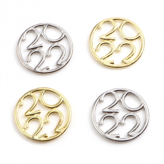 Picture of Zinc Based Alloy Year Charms Round Silver Tone Number Message " 2022 " 22mm Dia., 20 PCs