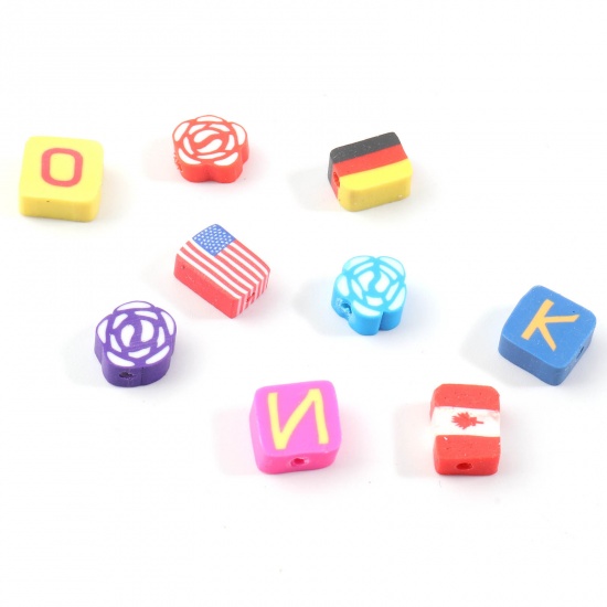 Picture of Polymer Clay Beads National Flag At Random Color Rose Flower Pattern 50 PCs